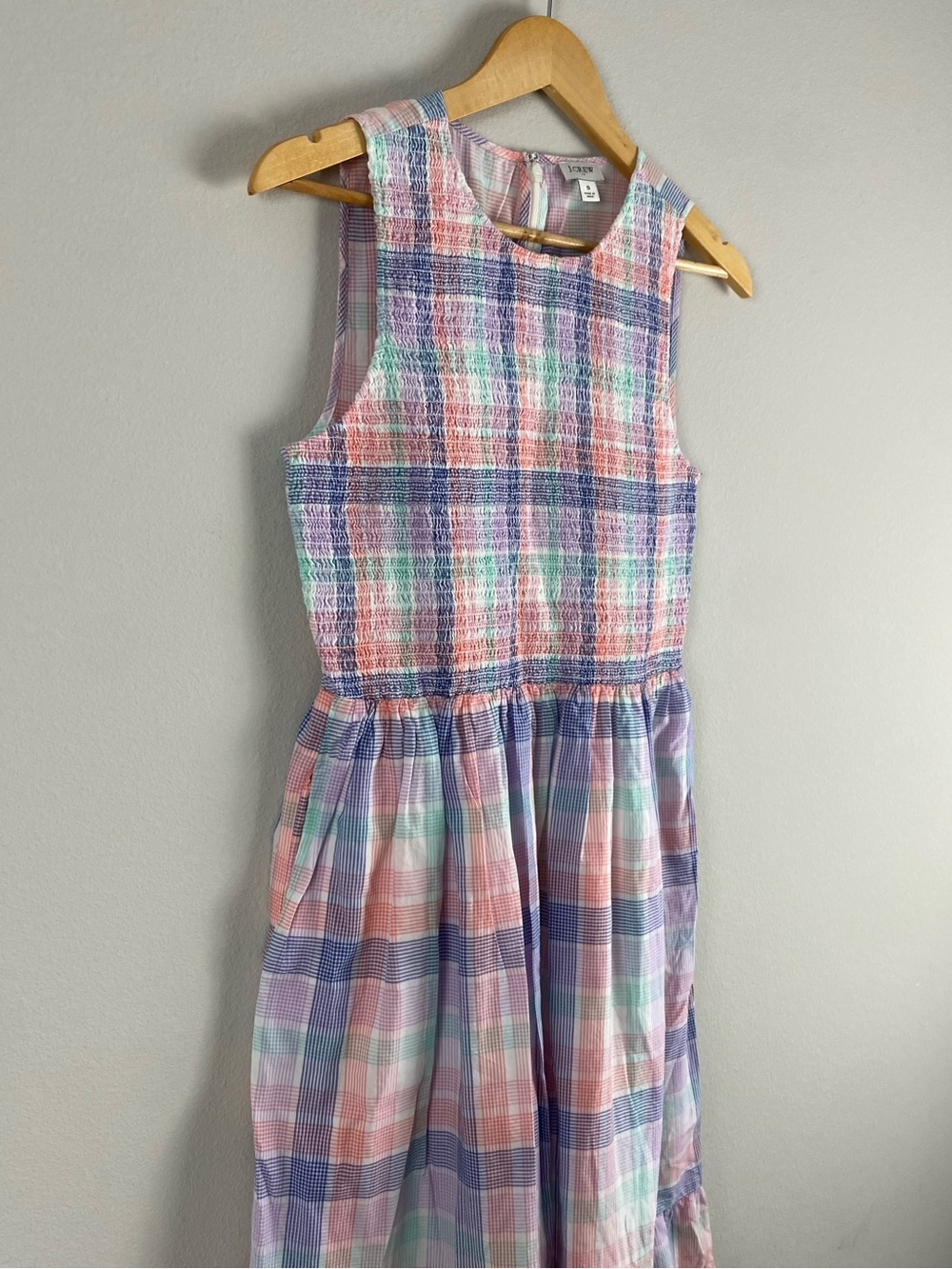 J. Crew Factory Pastel Plaid Smocked Midi Dress | 2 Pockets | Multicolor - Picture 7 of 16